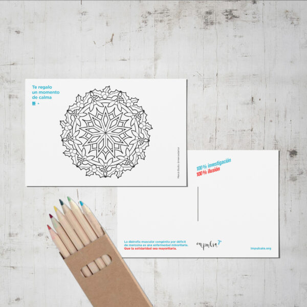 Postal con mandala y caja de colores